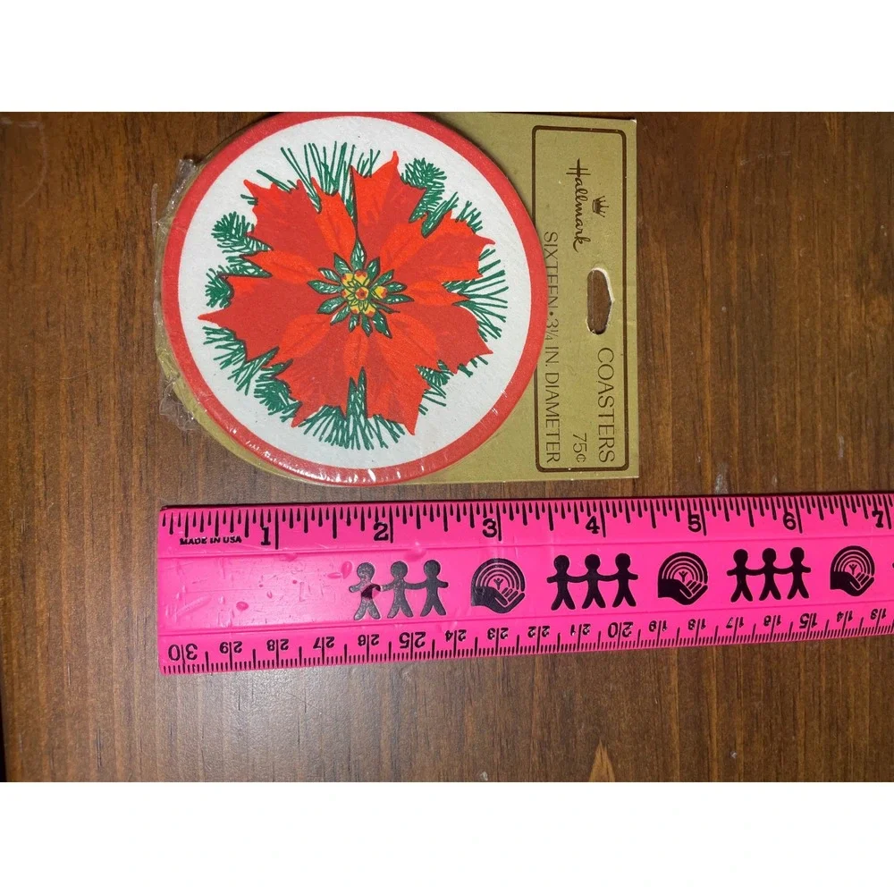 Vintage Hallmark Christmas Coasters Poinsettia Red Green Paper Set of 16 New